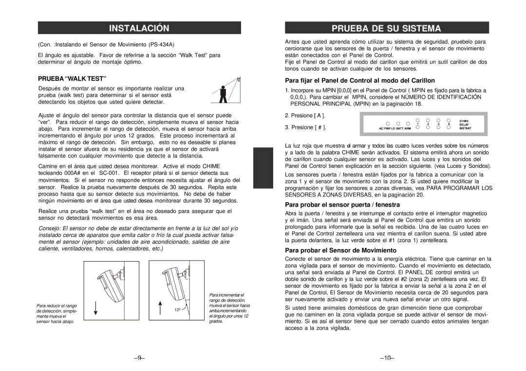 SkyLink SC-100 manual Prueba DE SU Sistema, Prueba Walk Test, Para fijar el Panel de Control al modo del Carillon 