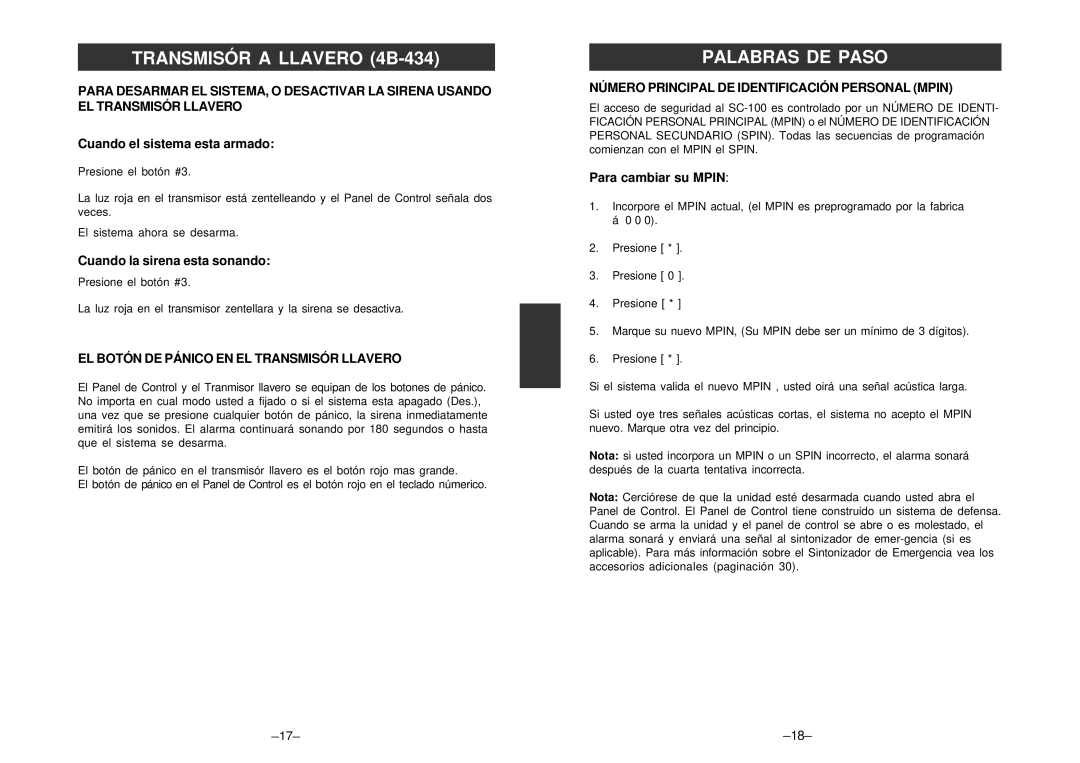 SkyLink SC-100 manual Palabras DE Paso, EL Botón DE Pánico EN EL Transmisór Llavero 