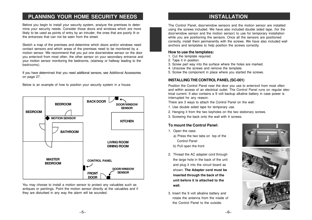 SkyLink SC-100 manual Planning Your Home Security Needs, Installation, How to use the templates, To mount the Control Panel 