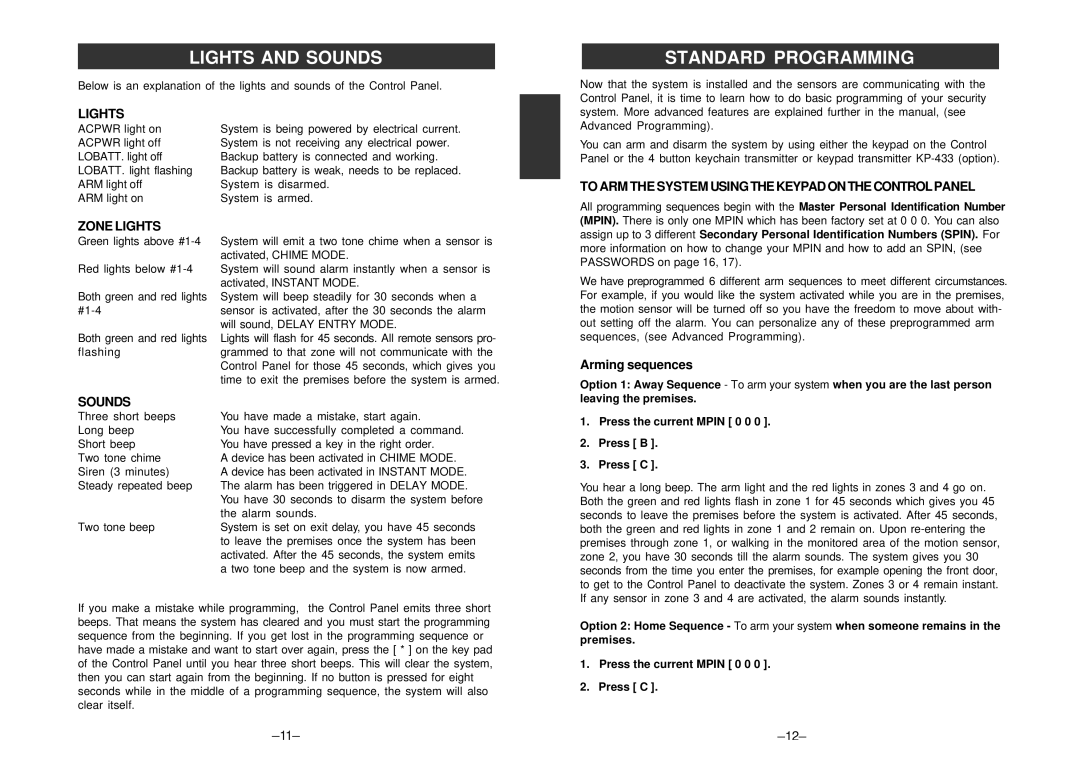 SkyLink SC-100 manual Lights and Sounds, Standard Programming 