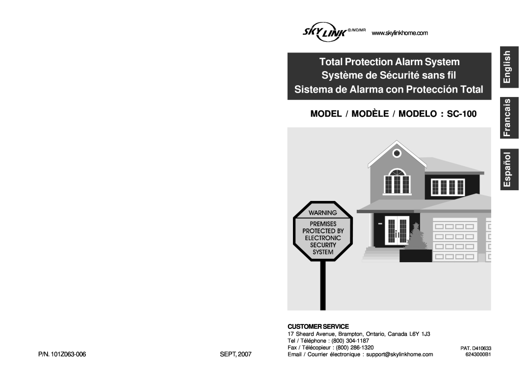 SkyLink manual Sistema de Alarma con Protección Total, MODEL / MODÈLE / MODELO SC-100, Español Francais English, Sept 