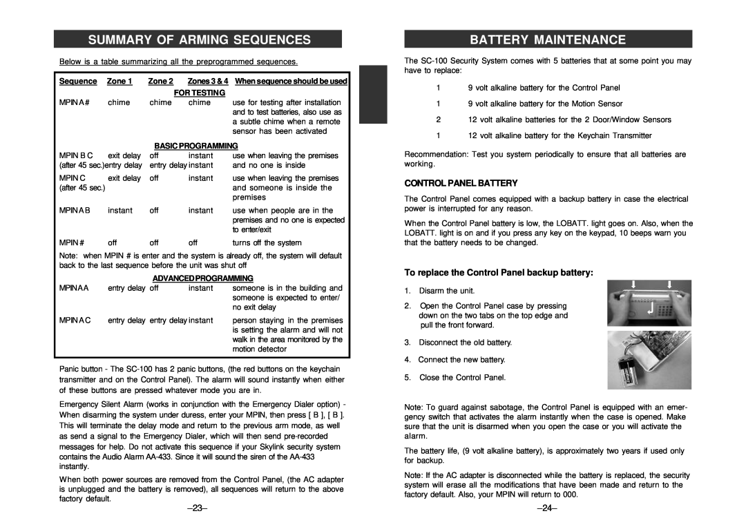 SkyLink SC-100 manual Summary Of Arming Sequences, Battery Maintenance, Control Panel Battery, Zone, For Testing 