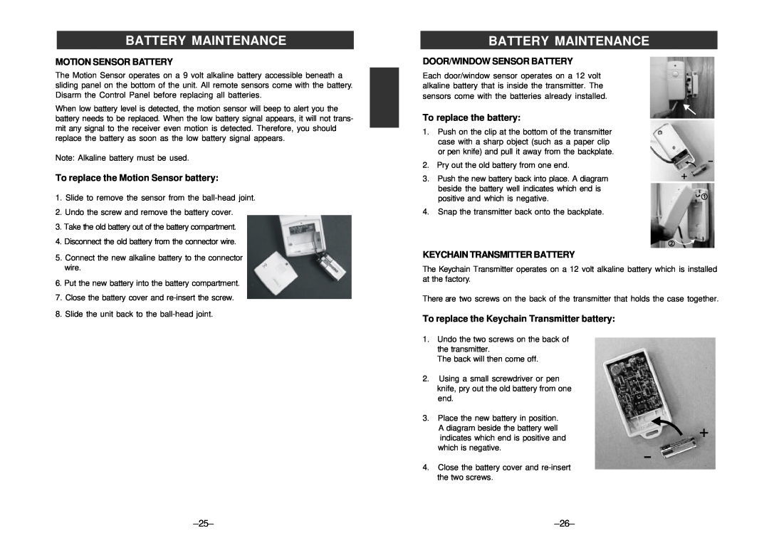 SkyLink SC-100 manual Motion Sensor Battery, To replace the Motion Sensor battery, Door/Window Sensor Battery 