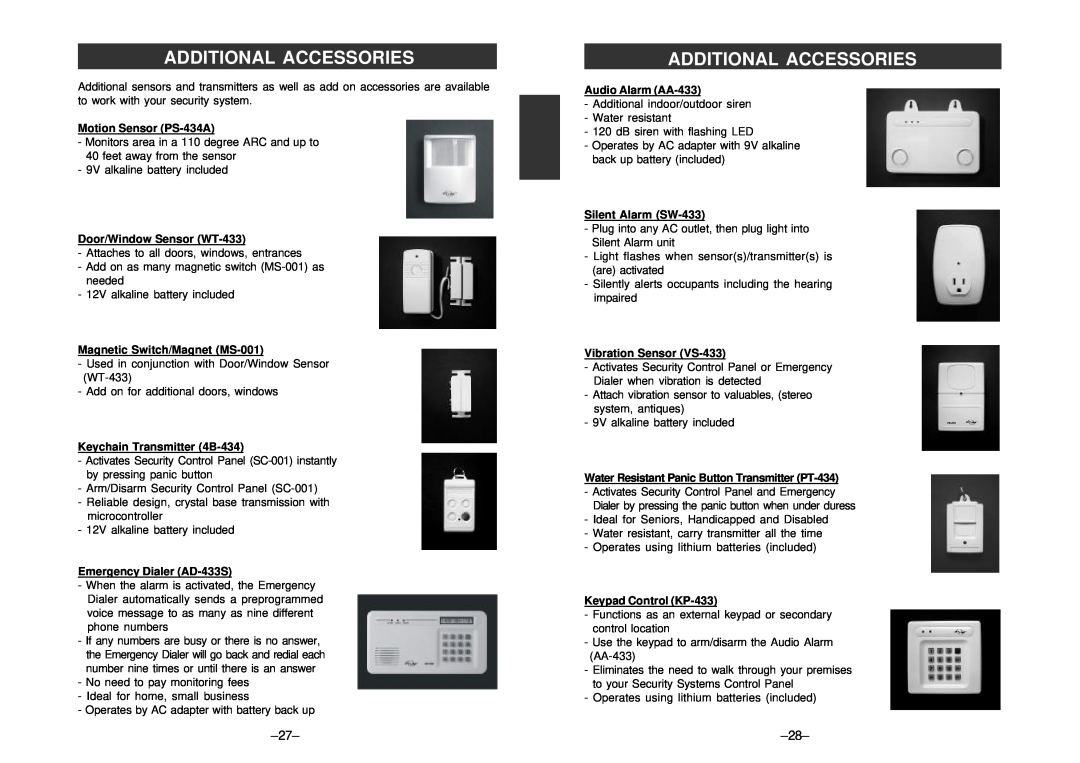 SkyLink SC-100 Additional Accessories, Motion Sensor PS-434A, Door/Window Sensor WT-433, Magnetic Switch/Magnet MS-001 