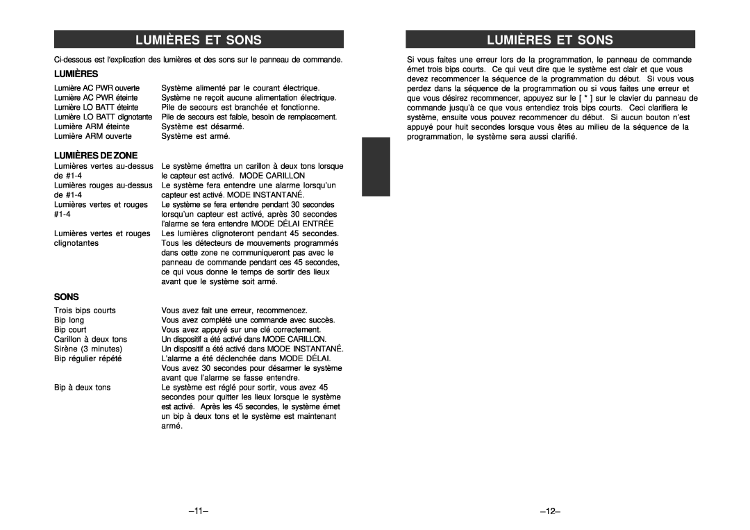 SkyLink SC-100 manual Lumières Et Sons, Lumières De Zone 