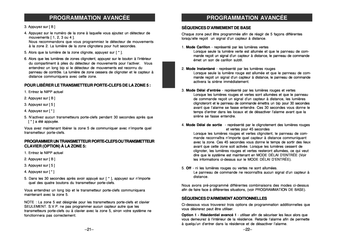 SkyLink SC-100 manual Séquences D’Armement De Base, Séquences Darmement Additionnelles, Programmation Avancée 