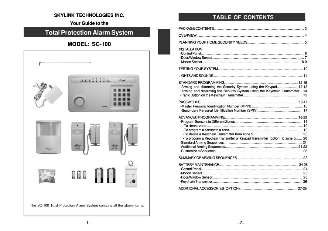 SkyLink Total Protection Alarm System, MODEL SC-100, Table Of Contents, SKYLINK TECHNOLOGIES INC Your Guide to the 