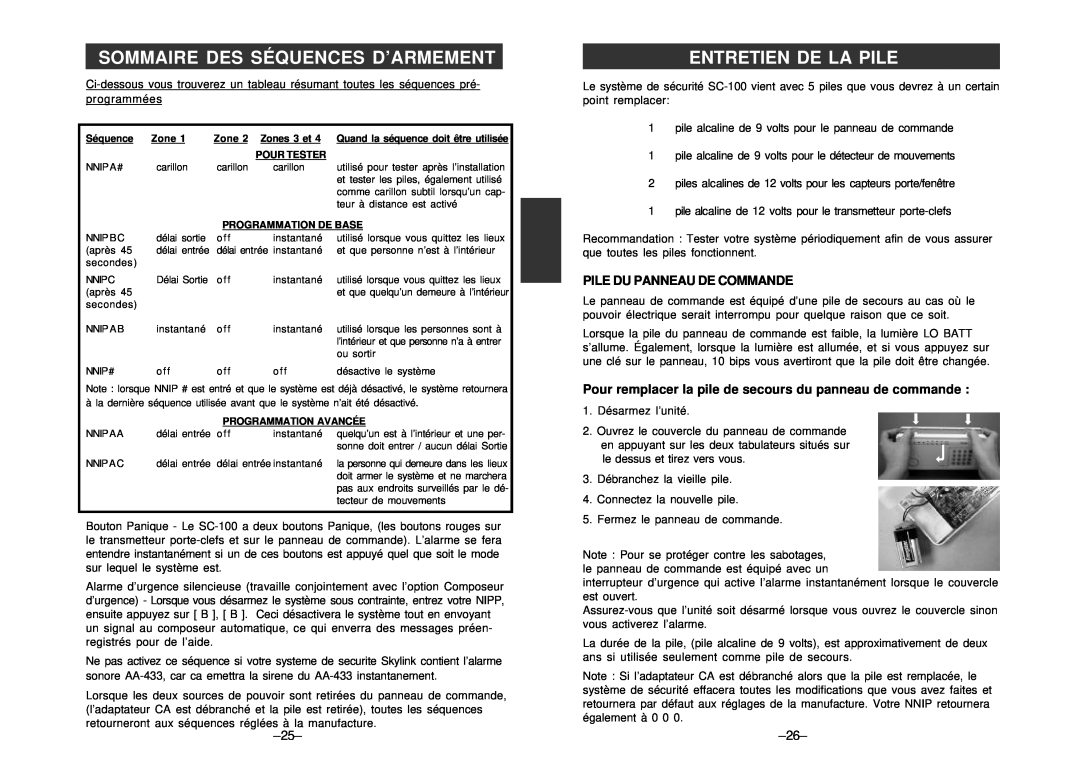 SkyLink SC-100 manual Sommaire Des Séquences D’Armement, Entretien De La Pile, Pile Du Panneau De Commande 