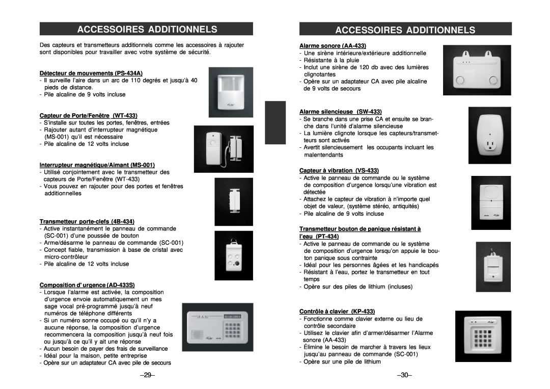 SkyLink SC-100 manual Accessoires Additionnels, Détecteur de mouvements PS-434A, Capteur de Porte/Fenêtre WT-433 