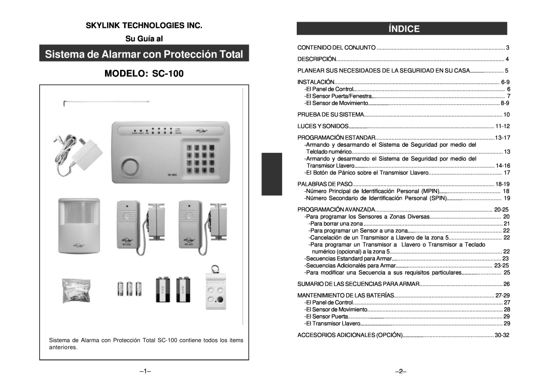 SkyLink manual Sistema de Alarmar con Protección Total, MODELO SC-100, Índice, SKYLINK TECHNOLOGIES INC Su Guía al 