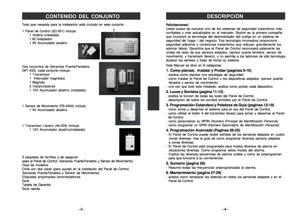 SkyLink SC-100 manual Contenido Del Conjunto, Descripción, Como planear, Instalar y Probar paginas, Luces y Sonidos pagina 