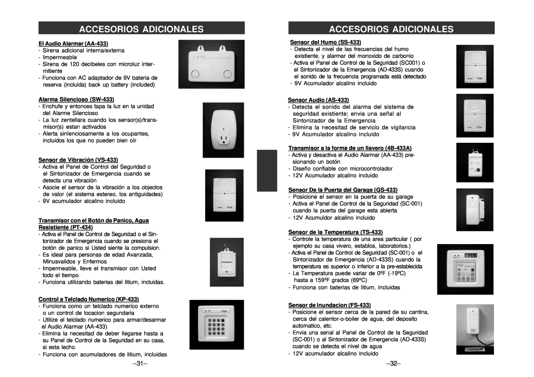 SkyLink SC-100 manual El Audio Alarmar AA-433, Alarma Silencioso SW-433, Sensor de Vibración VS-433, Resistiente PT-434 
