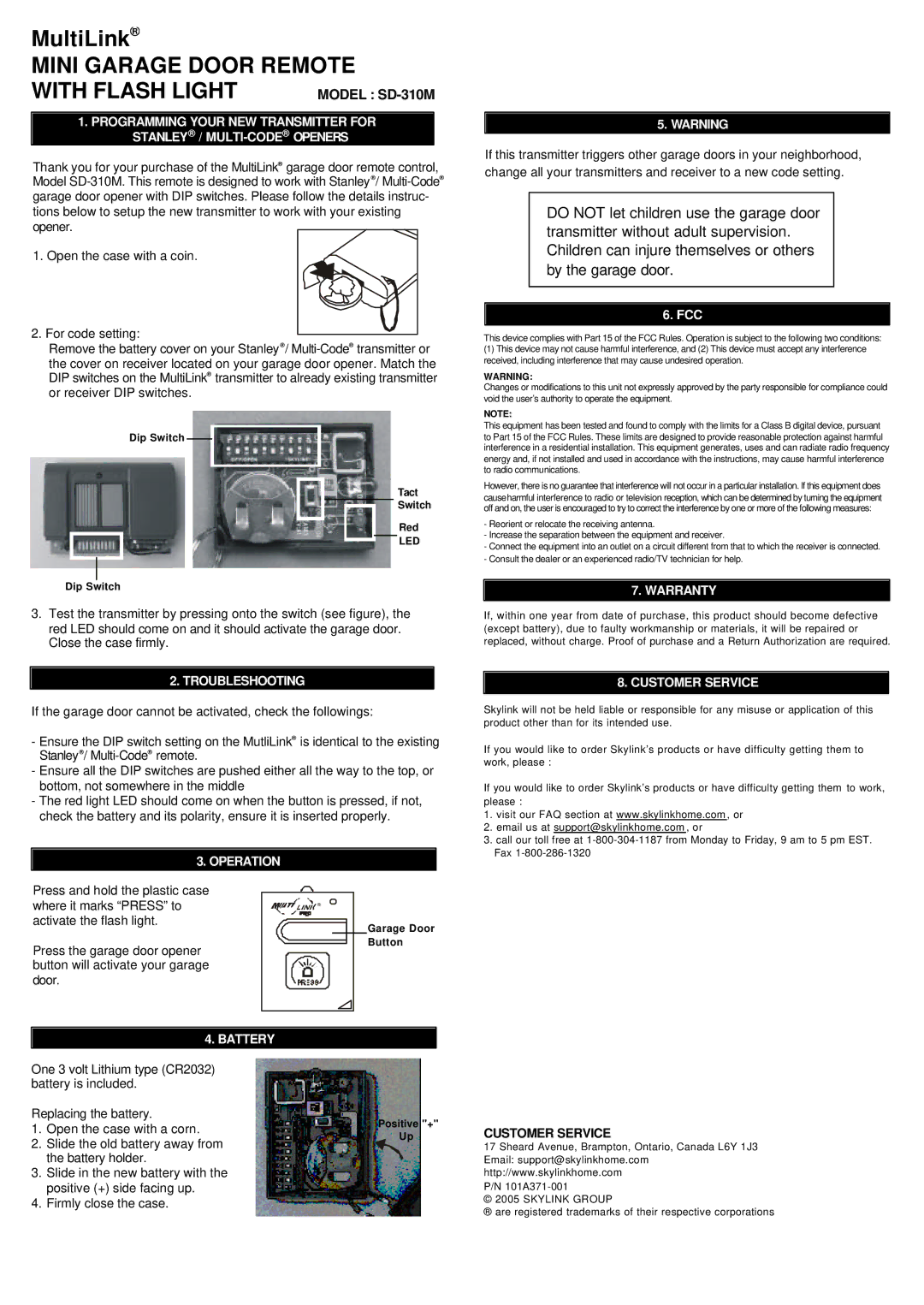 SkyLink warranty Mini Garage Door Remote With Flash Light, Model SD-310M 