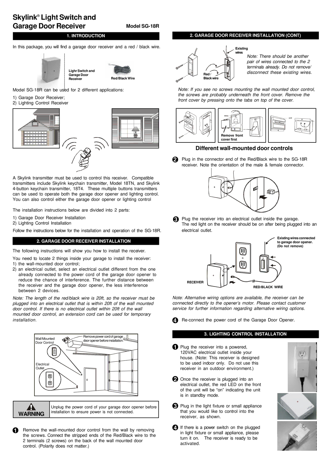 SkyLink installation instructions Model SG-18R, Introduction, Garage Door Receiver Installation 