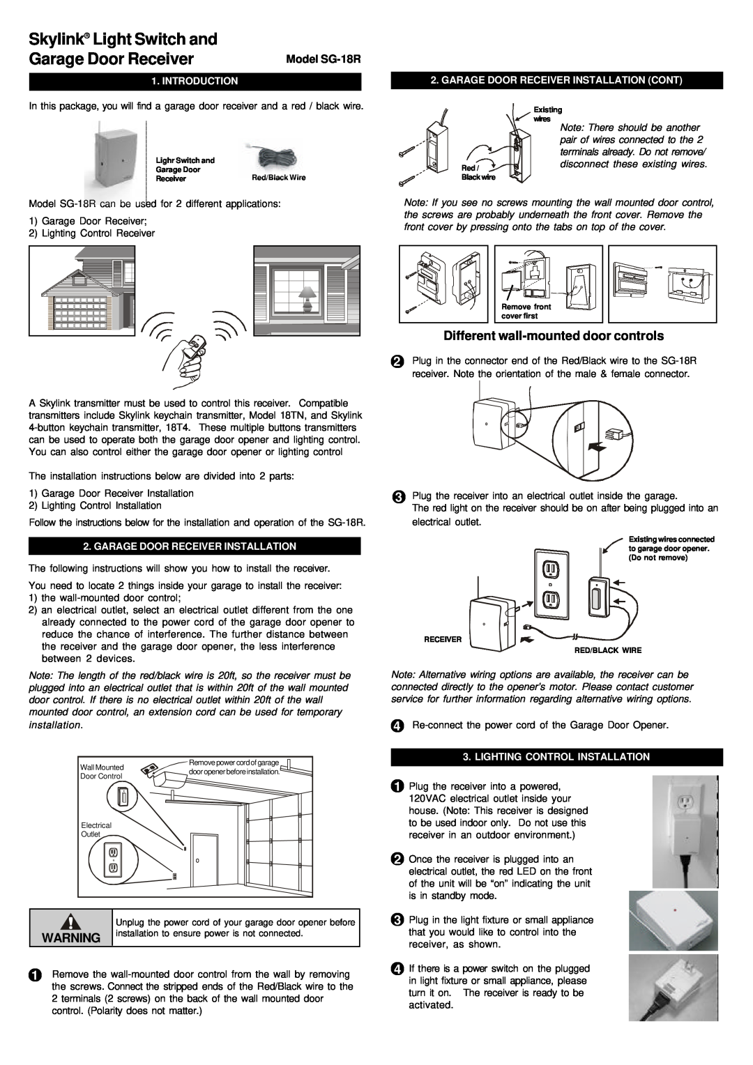 SkyLink installation instructions Model SG-18R, Introduction, Garage Door Receiver Installation 