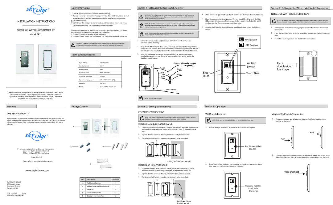 SkyLink SK7 installation instructions Wireless 3 WAY ON/OFF/DIMMER KIT, Installing with Double Sided Tape 