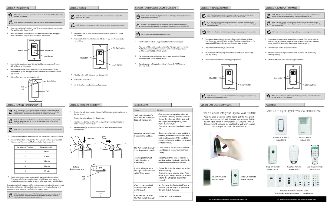 SkyLink SK7 Programming, Erasing, Enable/Disable On/O or Dimming, Flashing Alert Mode, Countdown Timer Mode, Snap-On Cover 