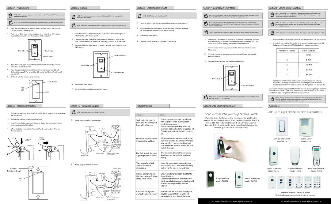 SkyLink SK8 Programming, Erasing, Enable/Disable On/O, Countdown Timer Mode Setting a Timer Duration, Wiring Diagram 