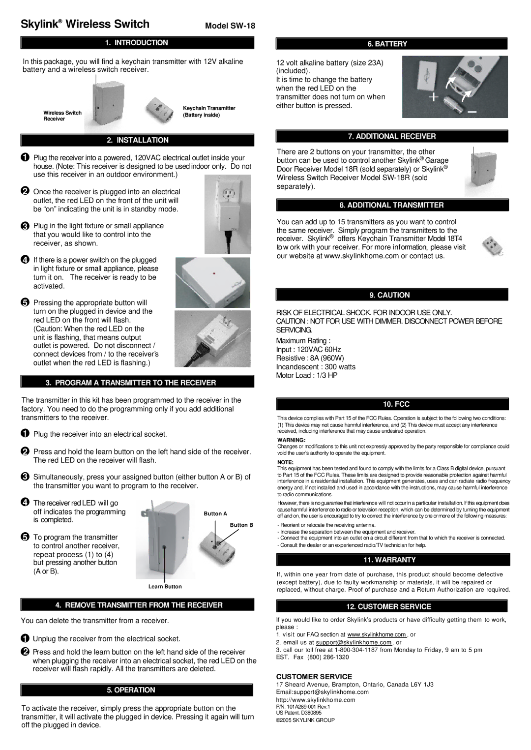 SkyLink SW-18 warranty Introduction, Installation, Program a Transmitter to the Receiver, Battery, Additional Receiver 