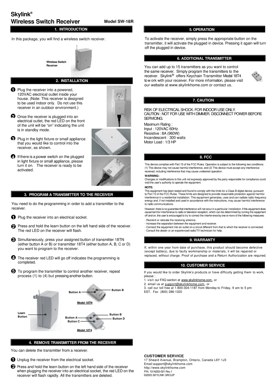 SkyLink SW-18R warranty Introduction, Installation, Program a Transmitter to the Receiver, Operation, Warranty 