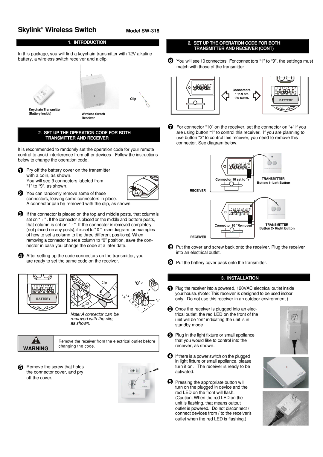 SkyLink manual Model SW-318, ‘0’ ‘+’ ‘-’, Introduction, SET UP the Operation Code for Both Transmitter and Receiver 