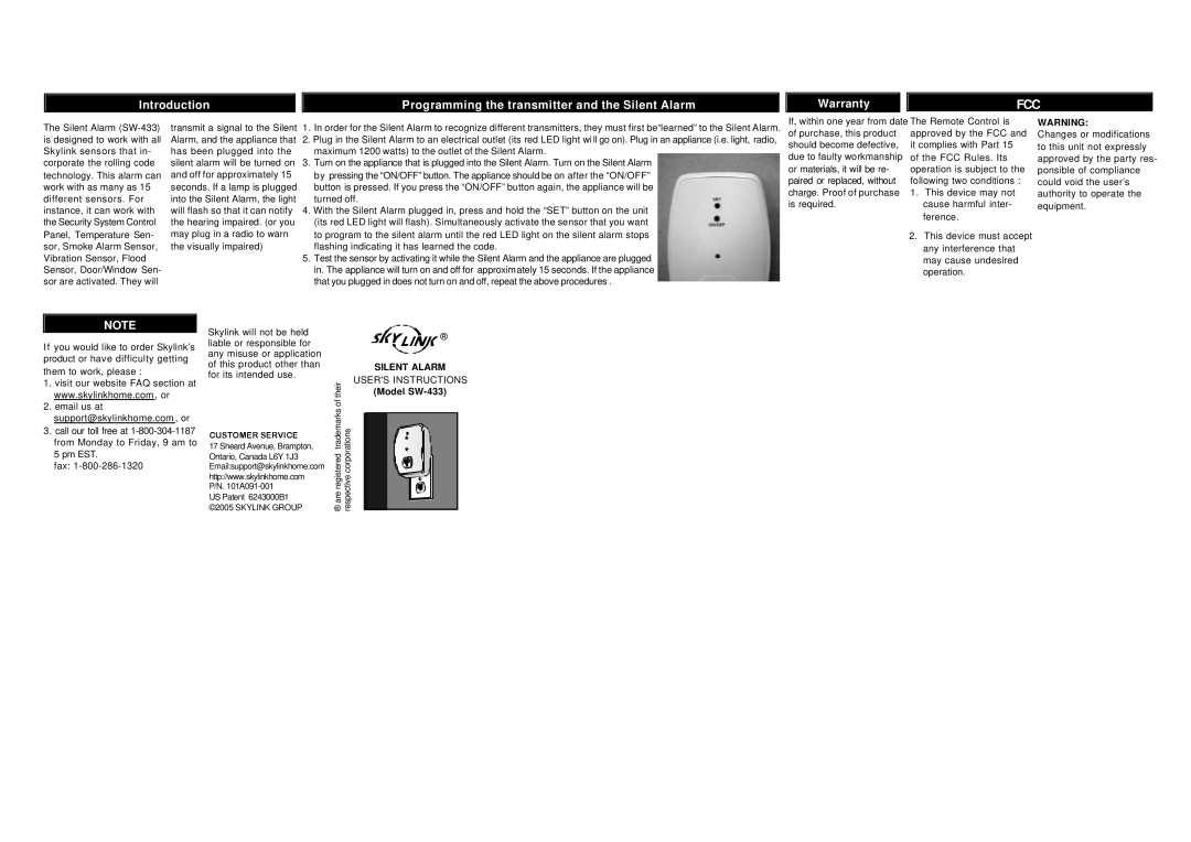 SkyLink SW-433 warranty Fcc 