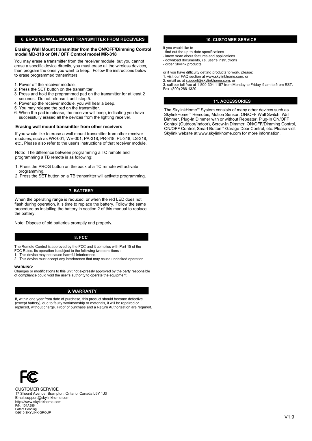SkyLink TB-318 manual Erasing Wall Mount Transmitter from Receivers, Battery, Warranty, Customer Service, Accessories 