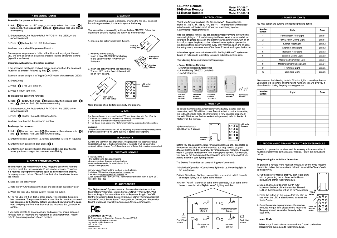 SkyLink TC-318-10, TC-318-14, TC-318-7 manual 