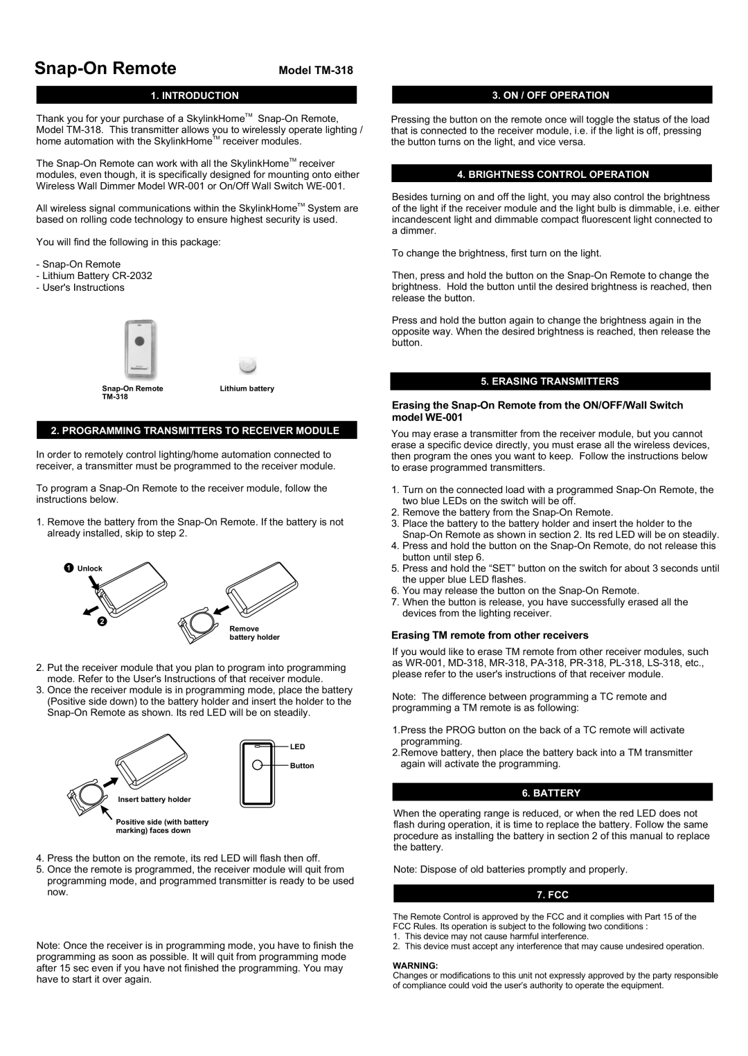 SkyLink TM-318 manual Introduction, Programming Transmitters to Receiver Module, On / OFF Operation, Erasing Transmitters 