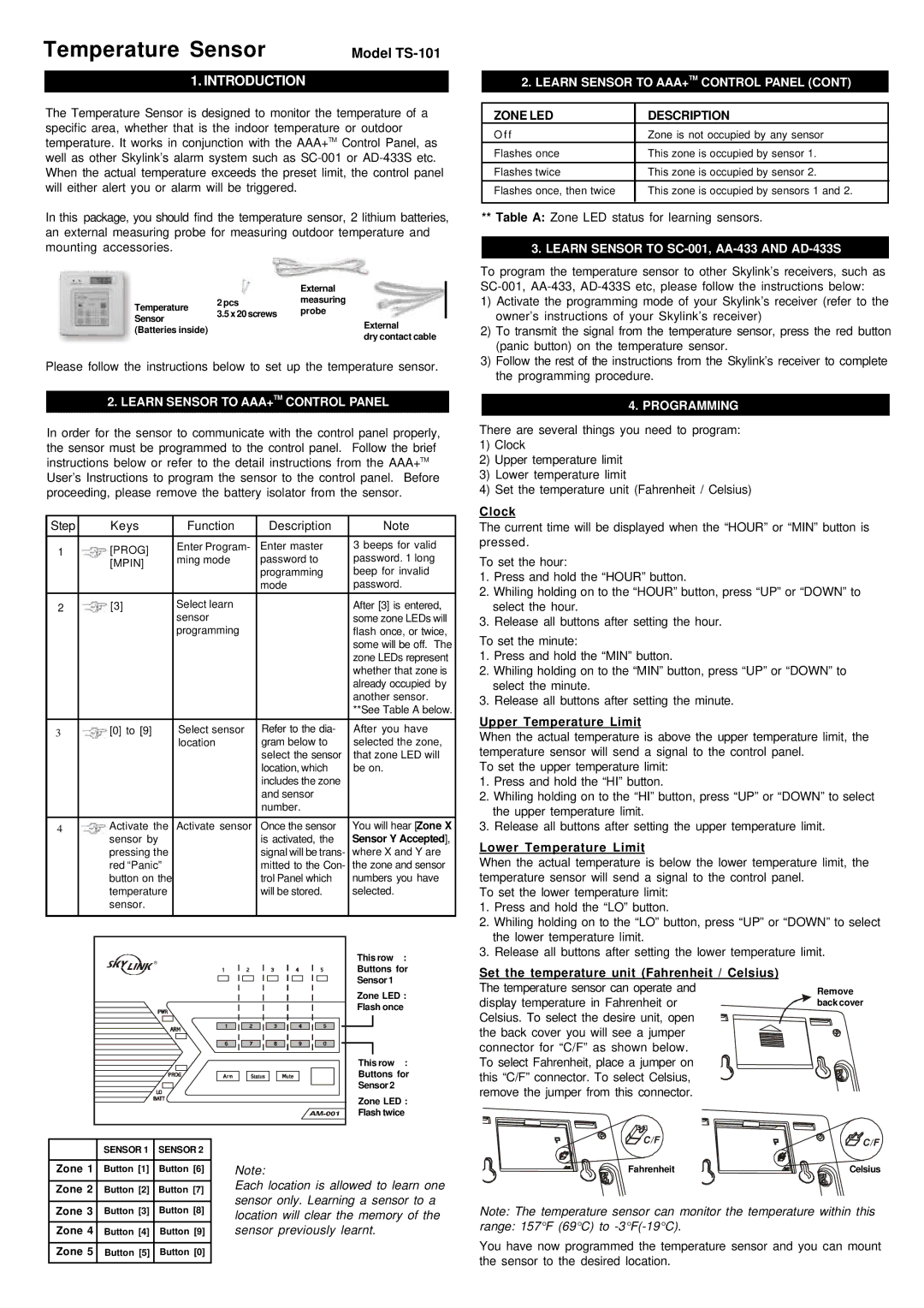 SkyLink TS-101 manual Learn Sensor to AAA+TM Control Panel, Learn Sensor to SC-001, AA-433 and AD-433S, Programming 