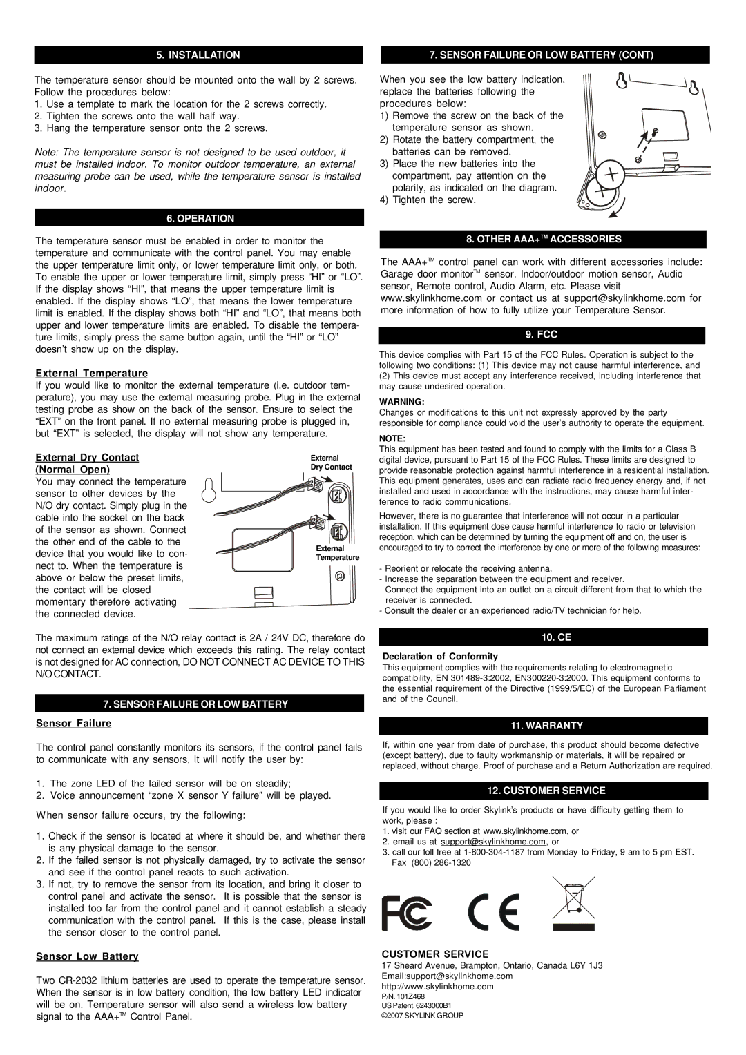 SkyLink TS-101 Installation, Operation Sensor Failure or LOW Battery, Other AAA+TM Accessories, Warranty, Customer Service 