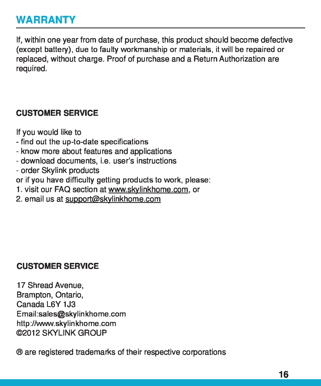 SkyLink wc-400 user manual Warranty, Customer Service 