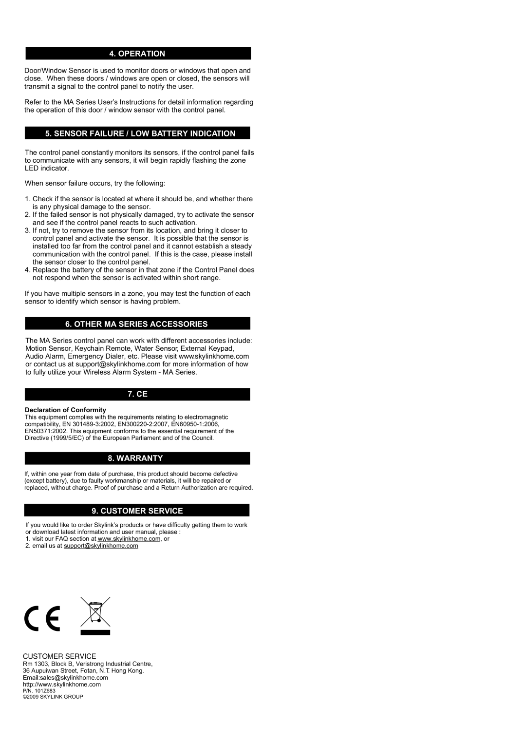 SkyLink WD-103 Operation, Sensor Failure / LOW Battery Indication, Other MA Series Accessories, Warranty, Customer Service 