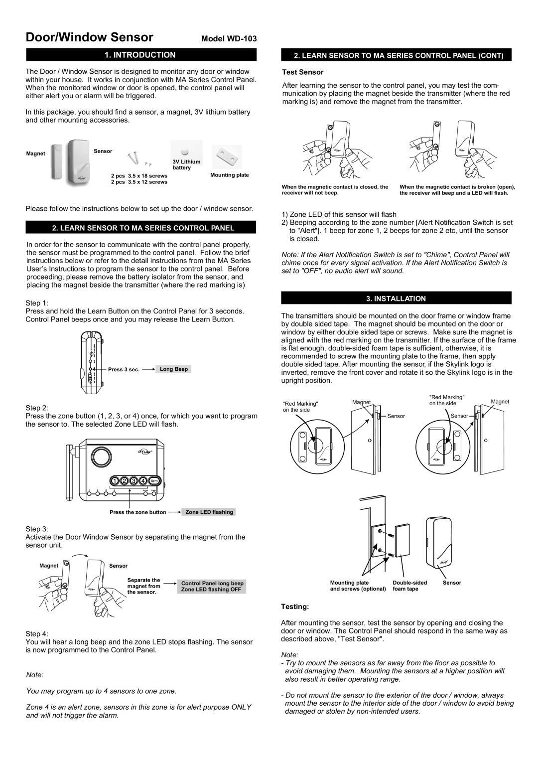 SkyLink manual Introduction, Test Sensor, Testing, Door/Window Sensor, Model WD-103, Installation 
