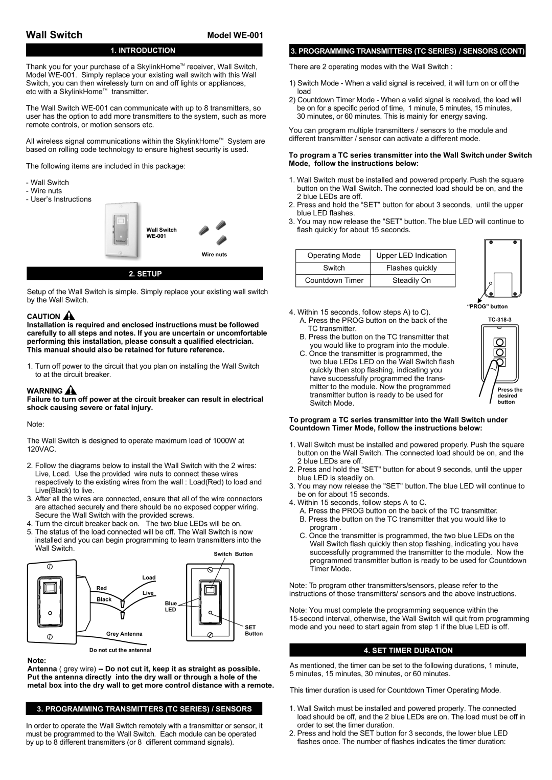 SkyLink WE-001 manual Introduction, Programming Transmitters TC Series / Sensors, Setup, SET Timer Duration 