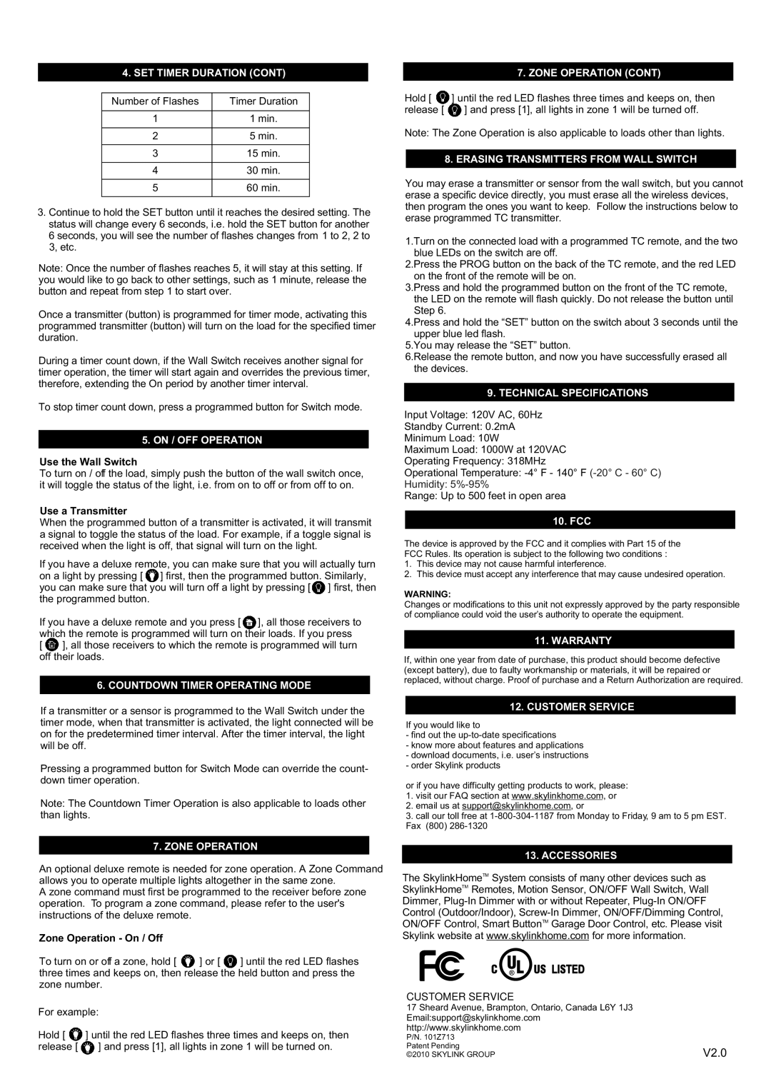 SkyLink WE-001 On / OFF Operation, Countdown Timer Operating Mode, Zone Operation, Erasing Transmitters from Wall Switch 