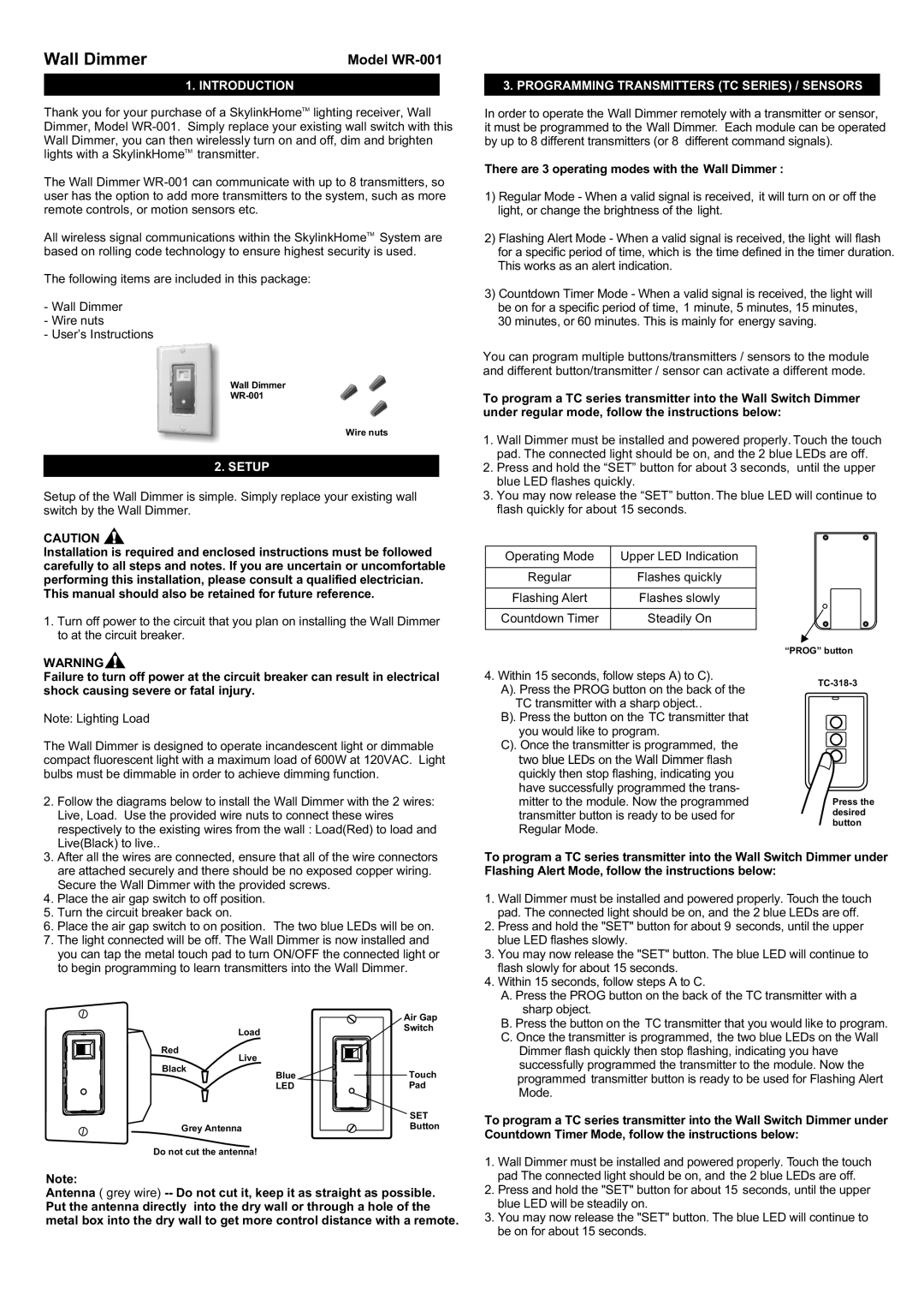 SkyLink WR-001 manual Introduction, Setup, Programming Transmitters TC Series / Sensors 