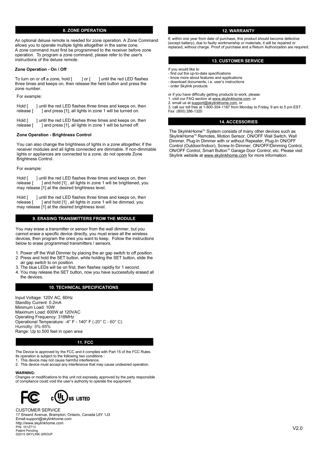 SkyLink WR-001 Zone Operation, Erasing Transmitters from the Module, Technical Specifications, Warranty, Customer Service 