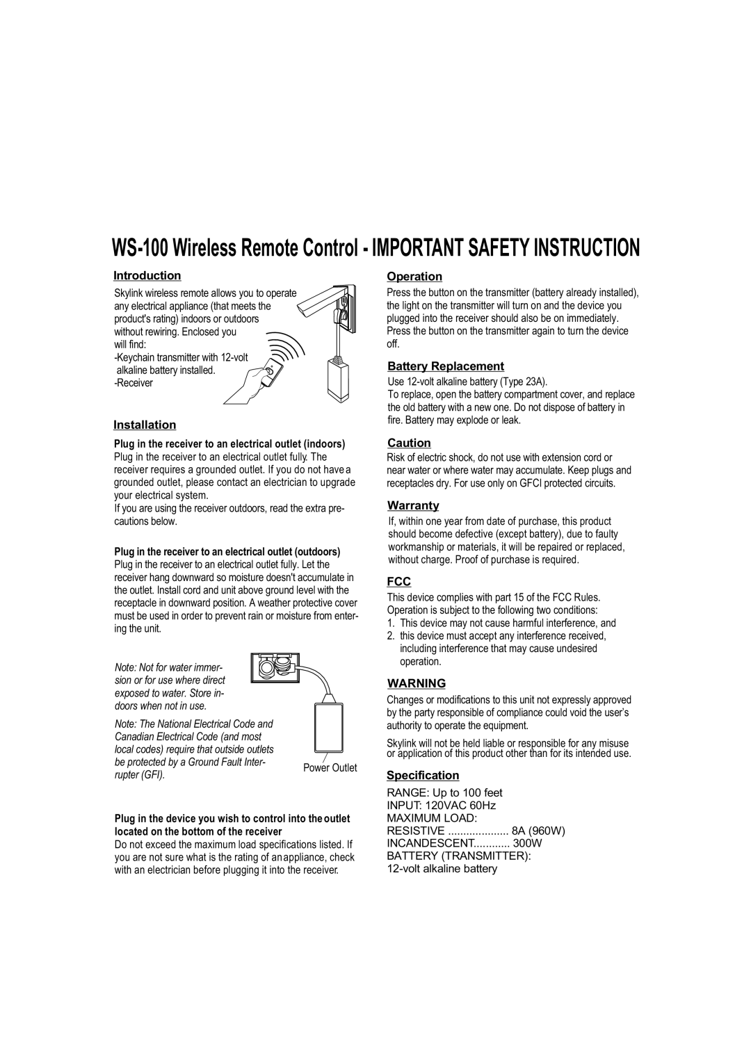 SkyLink WS-100 warranty Introduction, Installation, Operation, Battery Replacement, Warranty, Specification 