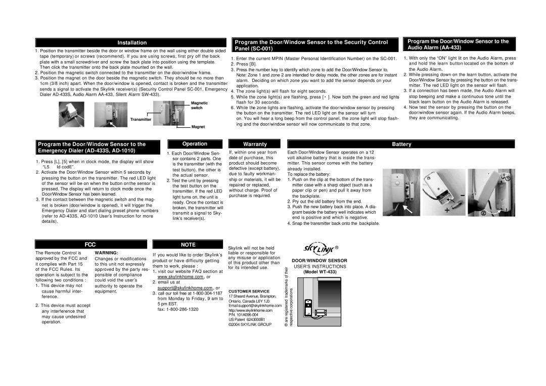 SkyLink WT-433 warranty Fcc, Installation, Program the Door/Window Sensor to the Audio Alarm AA-433 