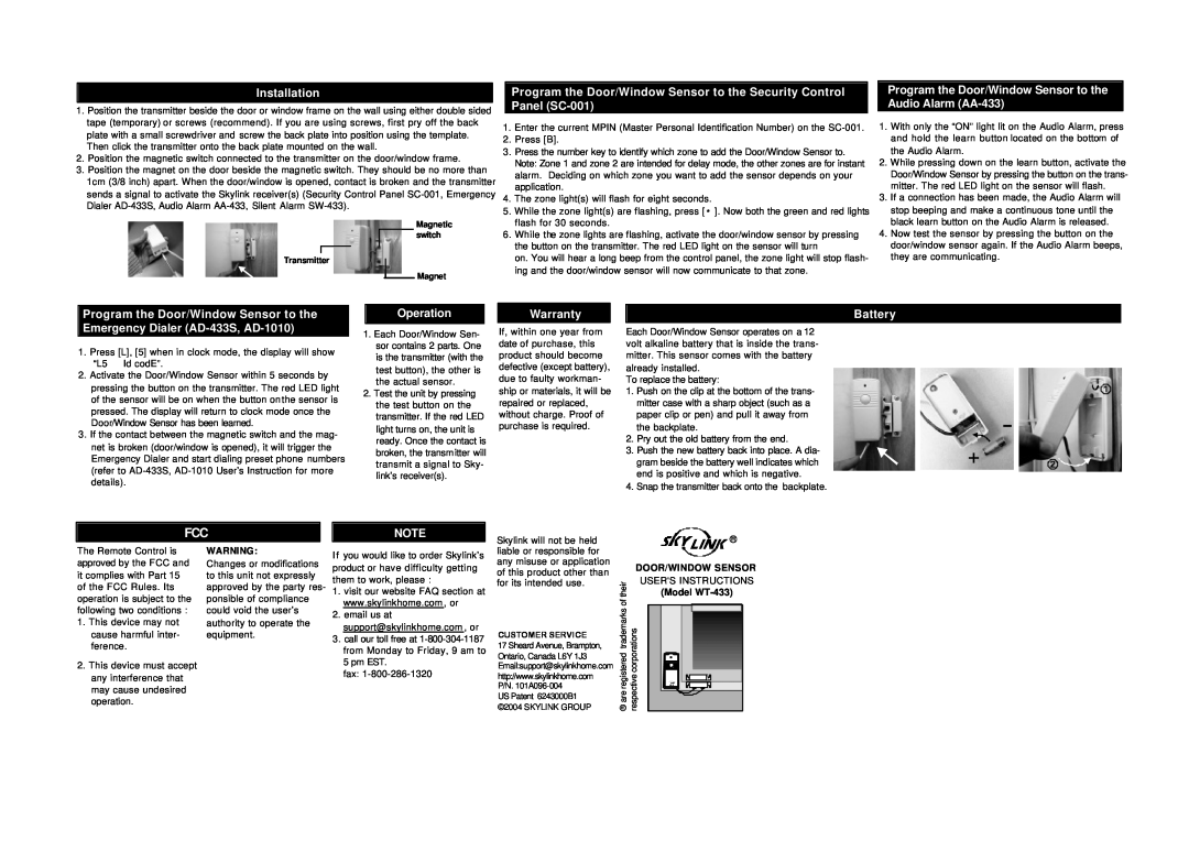 SkyLink warranty Installation, Operation, Warranty, Battery, Door/Window Sensor, Model WT-433 