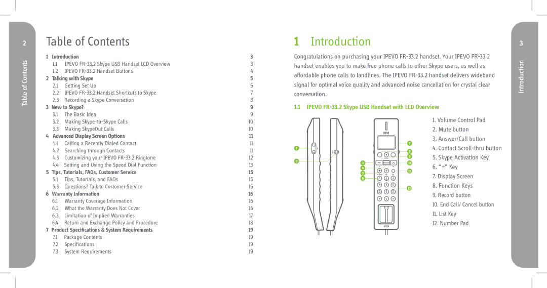 Skype FR-33.2 manual Table of Contents, Introduction 