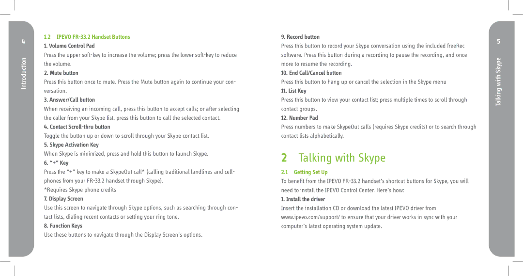 Skype manual Talking with Skype, Ipevo FR-33.2 Handset Buttons, Getting Set Up 
