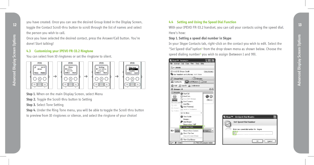 Skype manual Customizing your Ipevo FR-33.2 Ringtone, Setting and Using the Speed Dial Function 