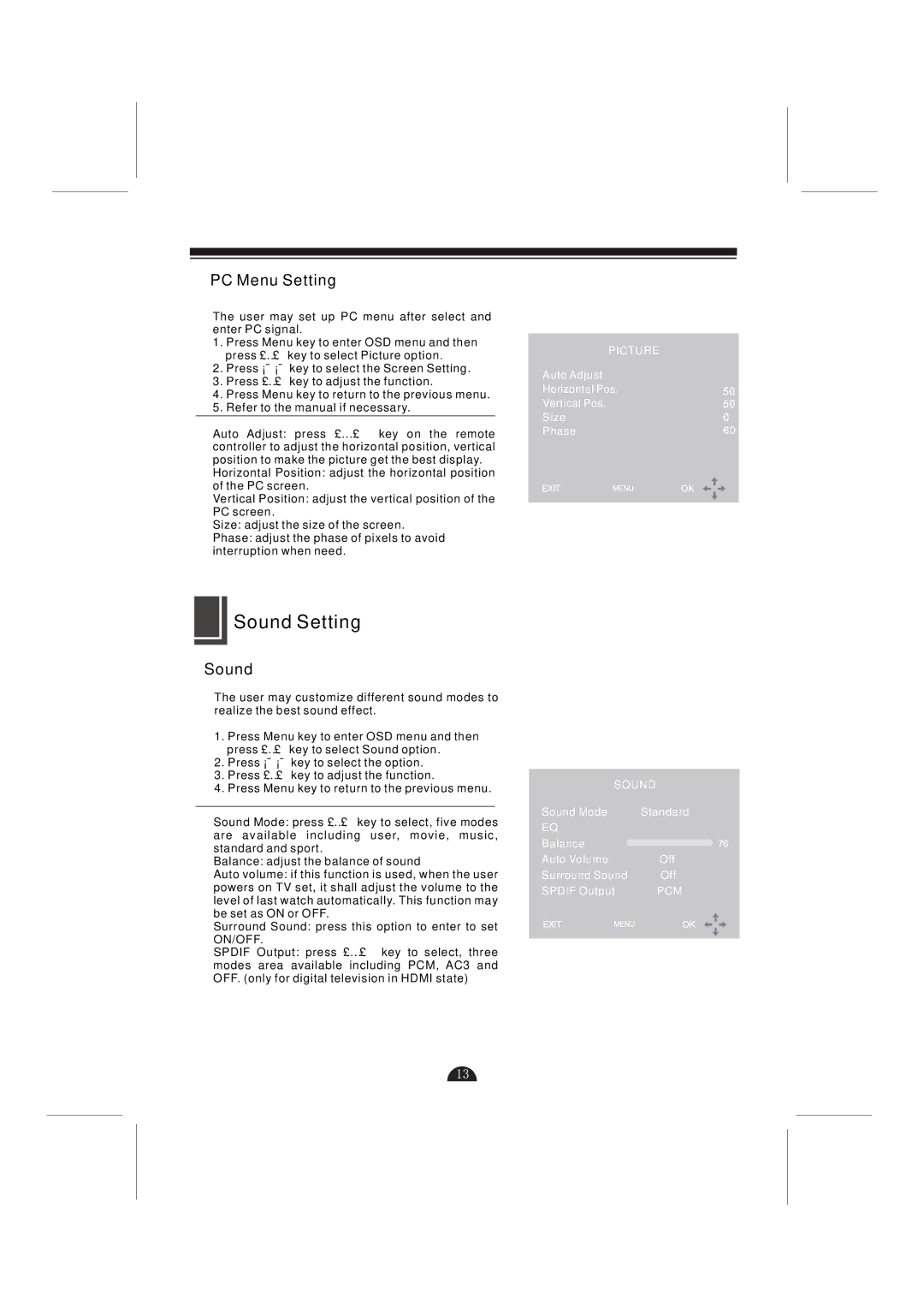 Skyworks 32L29 manual Sound Setting, PC Menu Setting 