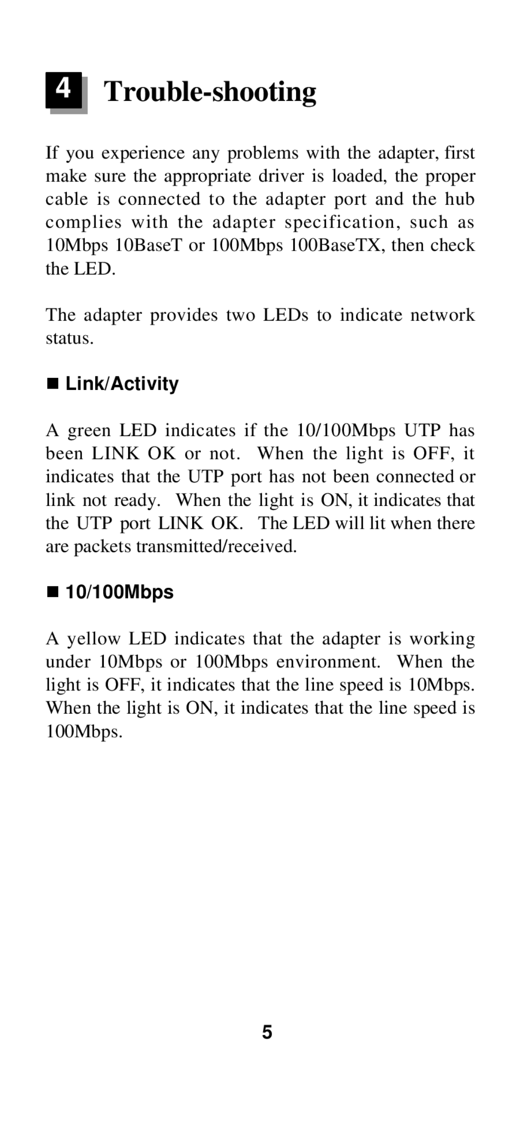 Skyworks EN-9120 user manual Trouble-shooting, Link/Activity, 10/100Mbps 