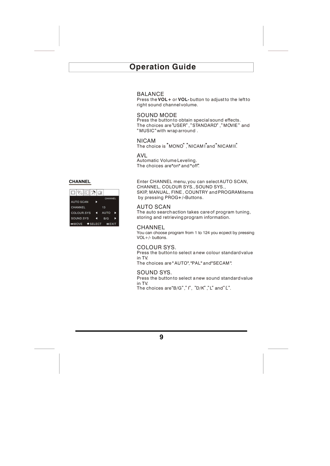 Skyworks LCD-19L03 manual Balance, Sound Mode, Nicam, Avl, Auto Scan, Channel, Colour SYS, Sound SYS 