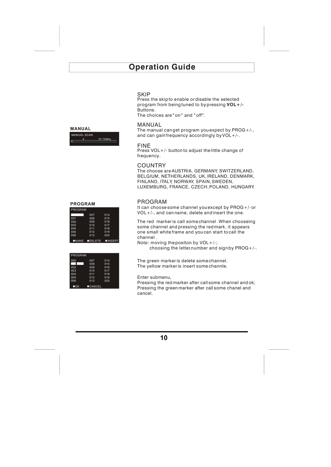 Skyworks LCD-19L03 manual Skip, Manual, Fine, Country, Program 