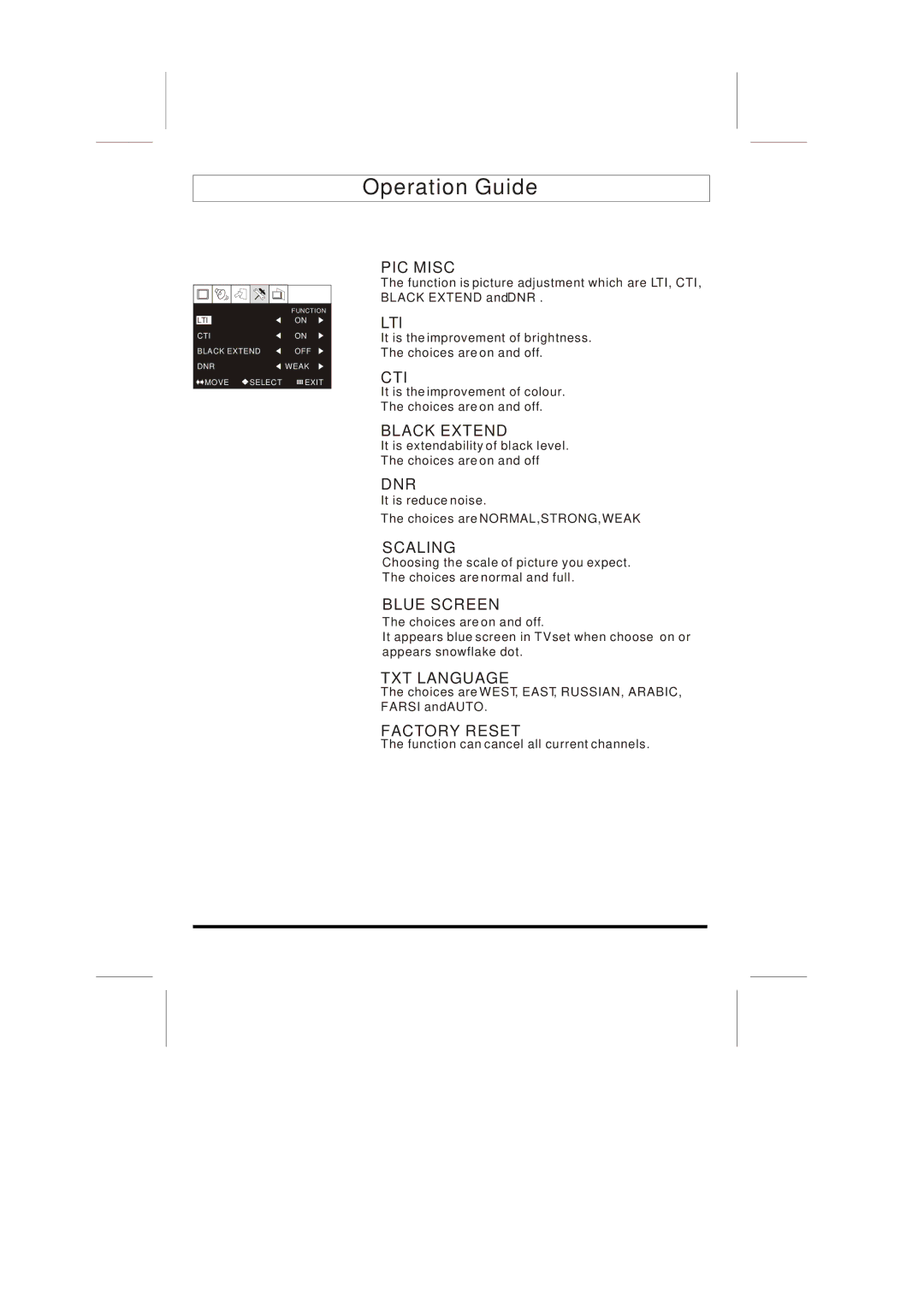 Skyworks LCD-19L03 manual PIC Misc, Lti, Cti, Black Extend, Dnr, Scaling, Blue Screen, TXT Language, Factory Reset 