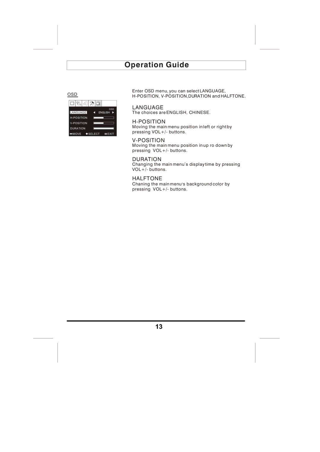 Skyworks LCD-19L03 manual Language, Position, Duration, Halftone, Osd 